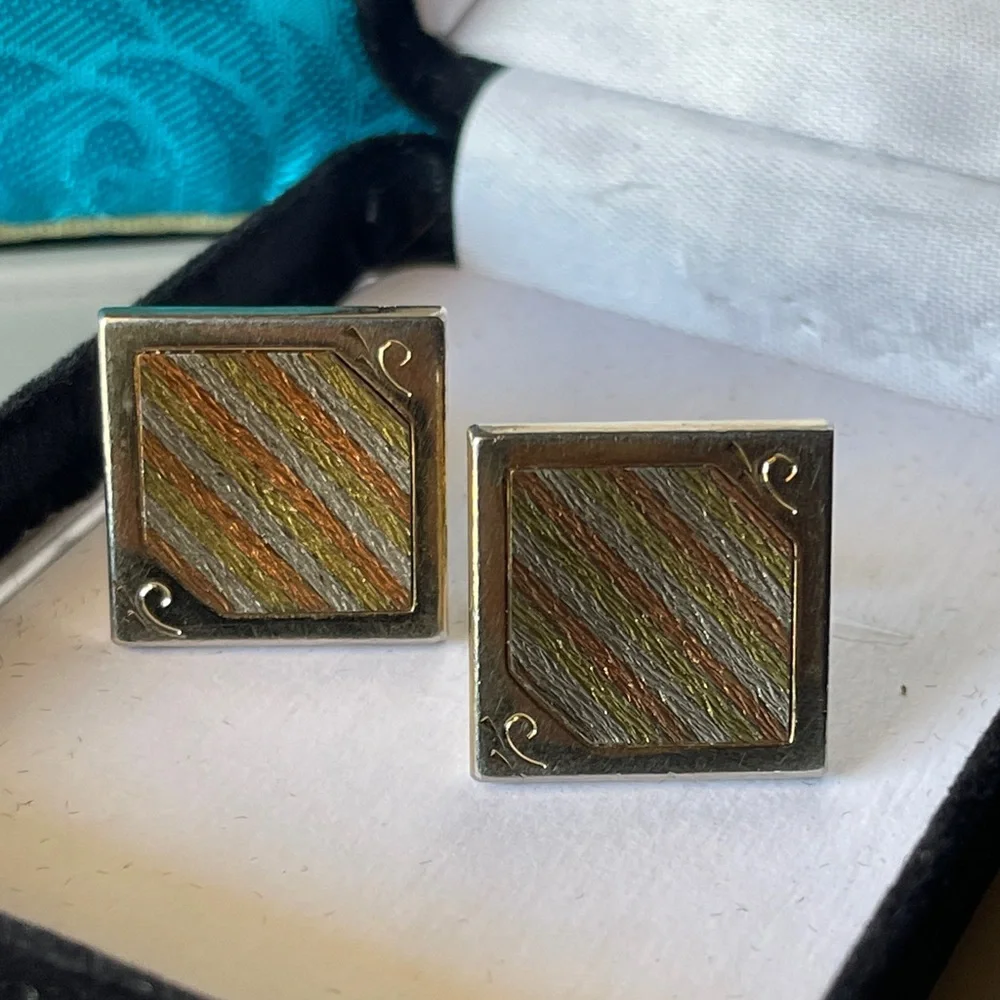 Vintage Gold Copper & Green Striped Square Cuff Links.